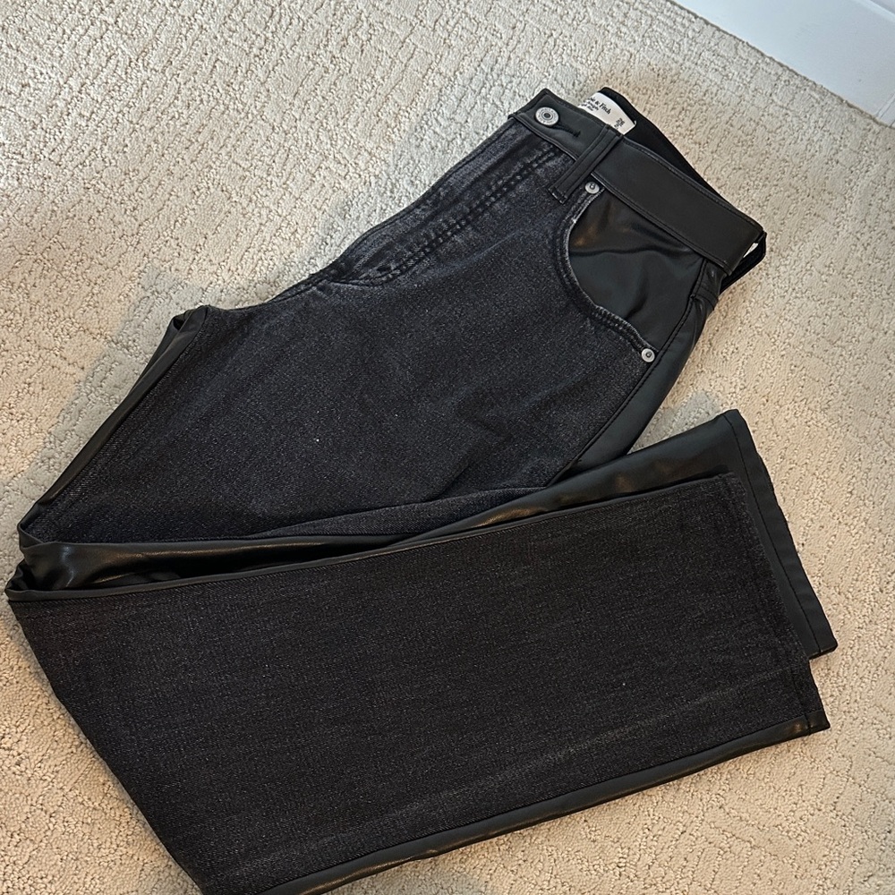 Abercrombie & Fitch Dark black denim leather Straight Leg Jeans